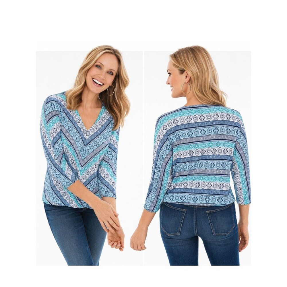 Chico's Top Size 1 (8) Blue Mix Print LW Chevron *